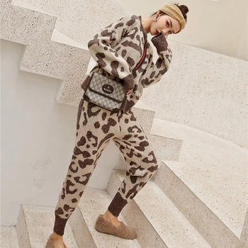 2020 Nou Toamna Iarna Pulover Femei Leopard Tricotate Costume 2 Piese Set Monofazate Pulover+Pantaloni streetwear Costum Pulover Cald