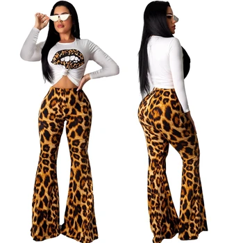 Toamna Casual 2 Bucata Set Trening Femei cu Maneci Lungi Tricou Crop Top și Pantaloni Flare Leopard Două Bucata Set pentru Femei Seturi de Haine
