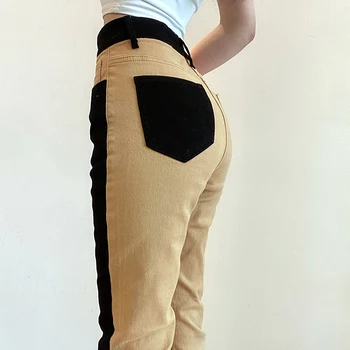 Weekeep Mozaic De Epocă Pantaloni Cargo-Coreean Subțire Talie Mare Pantaloni Flare Streetwear Contrast Buzunare Blugi Lungi Pantaloni Harajuku