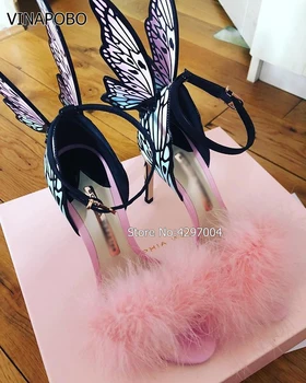 2018 mai Nou Roz cu Pene de Aripă de Fluture Gladiator blana Sandale Femei, sandale Sexy cu Toc Stiletto Pantofi pentru Femeie Pantofi de Nunta