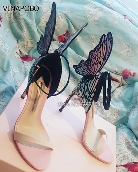 2018 mai Nou Roz cu Pene de Aripă de Fluture Gladiator blana Sandale Femei, sandale Sexy cu Toc Stiletto Pantofi pentru Femeie Pantofi de Nunta