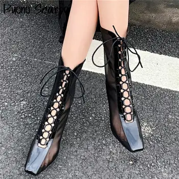 Buono Scarpe Legați În Cruce Plasă De Femei Cizme De Vara Glezna Botas Mujer Pisicuță Tocuri Pantofi Vedea Prin Dantele Cizme Scurte Din Piele Pantofi