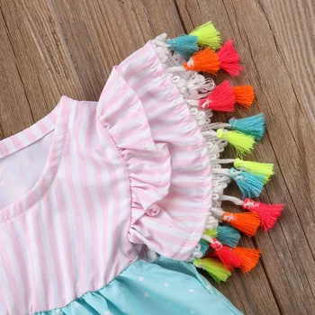 Copilul copil Fete Dulci Rochie Frumoasă de Vară Flamingo Imprimare Ciucure Petală Maneca cu Dungi Mozaic O-Linie Genunchi-Lungime Rochie de 1-6Y