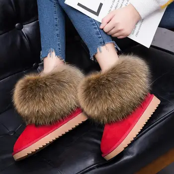 Cizme femei din Piele Adevărată Blană de Vulpe Brand de Pantofi de Iarna Warm Negru Rotund Deget de la picior Plus Dimensiune Casual Femei Cizme de Zăpadă DE