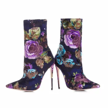 Arden Furtado 2020 primăvară tocuri inalte flori cizme scurte sexy stilettos cu tocuri întinde glezna cizme pantofi pentru femei de dimensiuni mari 33-45