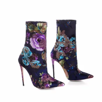 Arden Furtado 2020 primăvară tocuri inalte flori cizme scurte sexy stilettos cu tocuri întinde glezna cizme pantofi pentru femei de dimensiuni mari 33-45