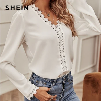 SHEIN Contrast Alb-Dantela Puff Sleeve Bluza pentru Femei de Primavara Toamna V-Neck Bluze Office Lady Solide Elegante, Topuri