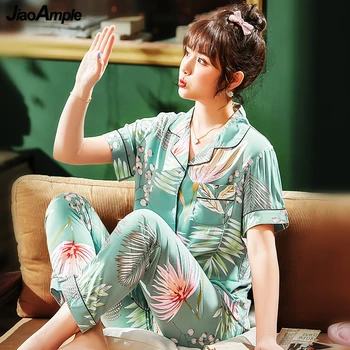 2020 Vara Noi Femeile Bumbac Imprimare Seturi de Pijamale Fete coreea Moda Floare Confortabil Satin Homewear Topuri și Pantaloni Noapte de sex Feminin Costum