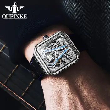 OUPINKE Automat Ceas Bărbați cuarț Ceas Steampunk Safir Cristal Pătrat de Piele Transparentă sport Ceas de mână