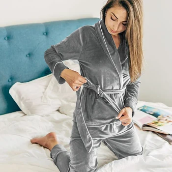 HiLoc Cald Catifea Sleepwear Solid Haine Și Pantaloni De Casa Costum De Buzunar Maneca Lunga, Haine De Acasă Pentru Femei Pijama Femeie De Iarna 2020