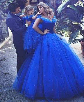 Pe Umăr Albastru Regal Bling Bling Rochii Fete cu Flori Rochii De Nunta de Copii Mici Copil de Prima Împărtășanie Rochii