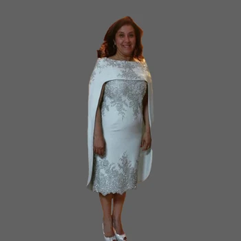 2021 Unic de Fildeș Scurt Teacă Dantelă Lungime de Ceai Mama de Rochii de Mireasa Mâneci Capac Oaspete de Nunta Rochii Cu Șal Appliqued