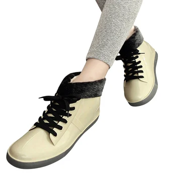 Aleafalling New Sosire Cizme De Ploaie Impermeabil Plat Cu Pantofi De Femeie Ploaie Femeie De Apa Cauciuc Glezna Cizme Dantela-Up Botas Qingyue333