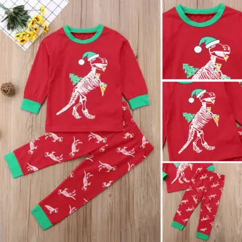 Casual Copil Copil Copil Fată Băiat de Crăciun Pizza Dinozaur Roșu Maneca Lunga din Bumbac Top Pantaloni Costum de Pijama 0-6Y