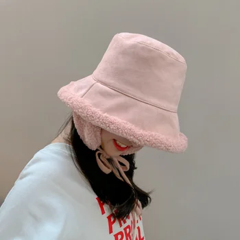 Fisvds Femei Găleată Pălării Noi De Miel Păr Pălărie Găleată De Sex Feminin Gros De Iarna Cald Pălării