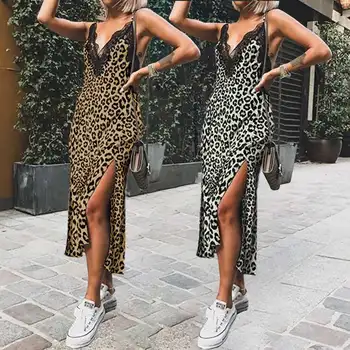 Celmia Plus Dimensiunii Vară Leopard De Imprimare Rochie Midi Sexy Femei Fără Mâneci Curele Dantelă Înaltă Split Rochie Eleganta Sexy V-Neck Vestidos