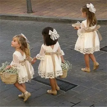 Fete Printesa De Onoare Flare Sleeve Polka Dots Print Dress Copil Copil Copil Petrecere Dantela Cu Maneci Lungi Botez Eșarfe, Rochii