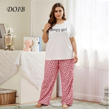 DOIB Plus Dimensiune Pijamale de Imprimare T-Shirt, Pantaloni Femei Homewear Set de Doua Bucati Mari Dimensiuni îmbrăcăminte de noapte de sex Feminin Liber Casual Pijamale
