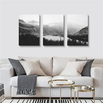 Alb Negru West Glacier Peisaj De Perete De Arta Încadrată Perete Poster De Imprimare Pădure, Ceață, Ceață, Munte, Gata Să Stea Acasă Decor Imagine