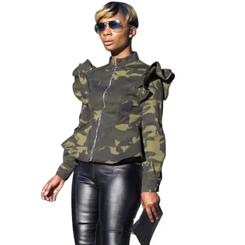 Plus Dimensiune Armata Verde Camuflaj, Jacheta Bomber Femei Streetwear Long Sleeve Ruched Fermoar Subțire Scurte, Paltoane și Jachete Îmbrăcăminte exterioară