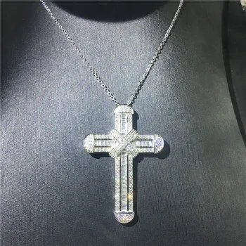 Vecalon Isus Lung pandantiv Cruce argint 925 Piatra Cz de Lux crucea Pandantiv colier pentru Femei, Bărbați Bijuterii de Nunta Petrecere