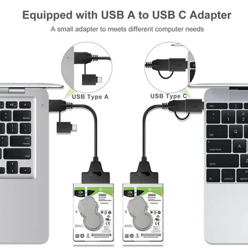 2 in 1 USB 3.0 + USB Tip-C pentru SSD / 2.5-Inch SATA(7+15 Pin) Hard Disk Adaptor Optimizat pentru HDD SSD, Suport UASP SATA III