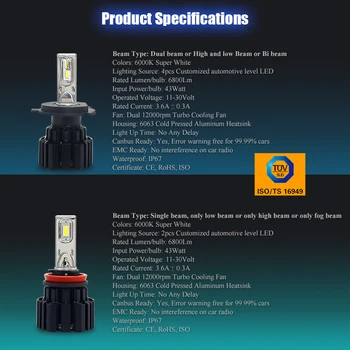 CNSUNNYLIGHT Super-Luminos LED-uri Auto Far H7 H11/H8 9005/9006 HB3/HB4 9012 D1/D2/D3/D4 H4, H13 45W 6800Lm/Bec de 6000K Alb Pur