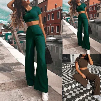 2021 Primăvară Maro Sexy Strans 2 Bucata Set Femeile O-Gât Culoare Verde Inchis Cu Maneci Scurte Moda Pentru Femei Pantaloni Lungi Ti Se Potriveste