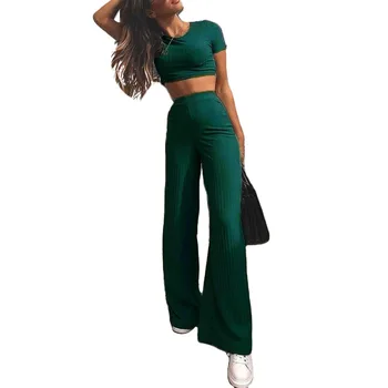 2021 Primăvară Maro Sexy Strans 2 Bucata Set Femeile O-Gât Culoare Verde Inchis Cu Maneci Scurte Moda Pentru Femei Pantaloni Lungi Ti Se Potriveste
