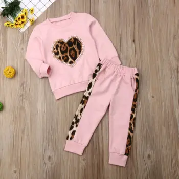 Copil Baby Girl Haine de Iarnă Seturi Roz cu Maneci Lungi Leopard de Imprimare Topuri Pantaloni Lungi Costum de Trening 1-6Y
