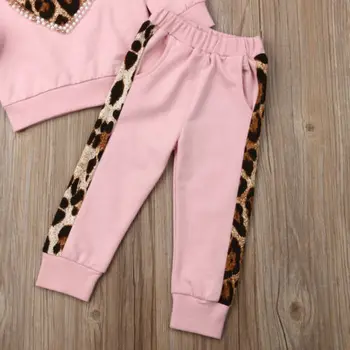 Copil Baby Girl Haine de Iarnă Seturi Roz cu Maneci Lungi Leopard de Imprimare Topuri Pantaloni Lungi Costum de Trening 1-6Y