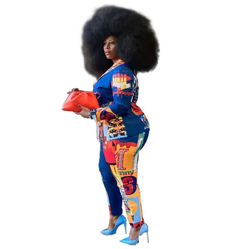 Femei Multicolore de Imprimare se Potrivi Plus Dimensiune Sacou Maneca Lunga+Rândul său, în Jos Guler Paltoane Pantaloni Largi Set de Două Piese de Partid XL-4XL