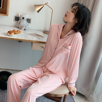 Vara coreean de Imprimare Pijama Satin Costum de Pijama Maneca Lunga, Pijamale Femei PJ Set Seară Imitație de Mătase Pijamas Pentru Femei