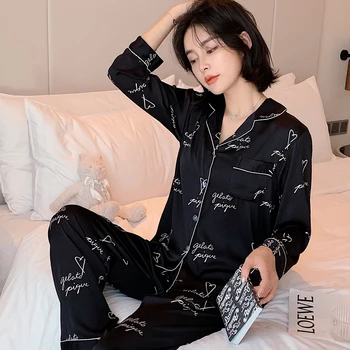 Vara coreean de Imprimare Pijama Satin Costum de Pijama Maneca Lunga, Pijamale Femei PJ Set Seară Imitație de Mătase Pijamas Pentru Femei