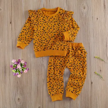 Emmababy Copilul Fetita Haine Leopard Gât Rotund Volane tricou Maneca Topuri Elastic Pantaloni Lungi 2 buc Tinutele cele mai Noi Moda