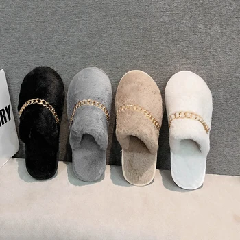 Doamnelor Rotund Toe Pantofi De Designer Pentru Femei, Papuci Femei Catâri Aluneca Pe Papuci Apartamente Pantofi Lanț Moda De Iarnă Acasă, Femeie Diapozitive
