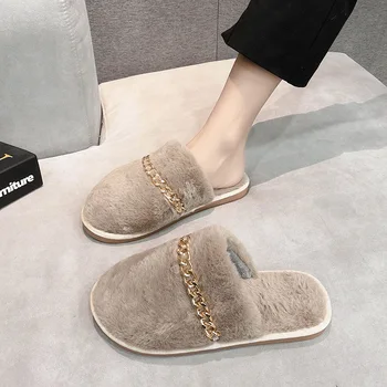 Doamnelor Rotund Toe Pantofi De Designer Pentru Femei, Papuci Femei Catâri Aluneca Pe Papuci Apartamente Pantofi Lanț Moda De Iarnă Acasă, Femeie Diapozitive