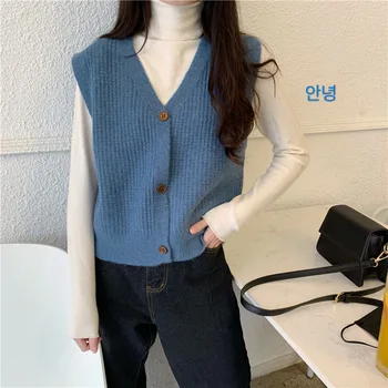 Pulover tricot vesta vesta femei 2020 primăvară noua versiunea coreeană de culoare pură sălbăticie V-neck cardigan pulover de sus