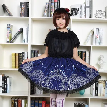 Bleumarin Gotic Fusta Scurta Stil Japonez Cerc Magic și Stele Imprimate Cutat Lolita Fusta Transport Gratuit