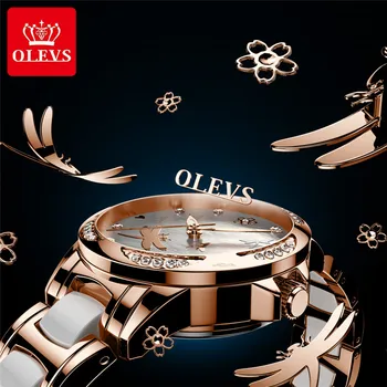 Automate mecanice femeie ceas cu diamante Naturale mama-de-perla libelula otel Inoxidabil cadran ceramic rezistent la apa OLEVS6610