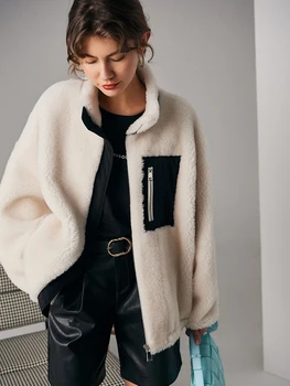 Supradimensionate Shearling Jacket Stil Coreen Modul Femme Gros de Blană Cald Fermoar Largi cu talie Paltoane și Jachete Femei 2020