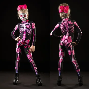 Adulți, Copii, Mama Fiica Schelet de Halloween Cosplay Salopeta Roz Trandafir Femei Sexy Craniu Înfricoșător Costum Fete de Imprimare 3D Body