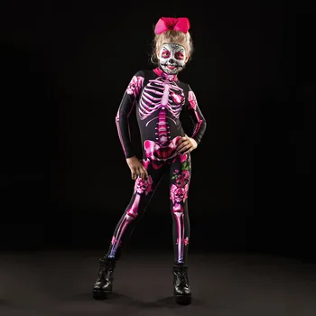 Adulți, Copii, Mama Fiica Schelet de Halloween Cosplay Salopeta Roz Trandafir Femei Sexy Craniu Înfricoșător Costum Fete de Imprimare 3D Body