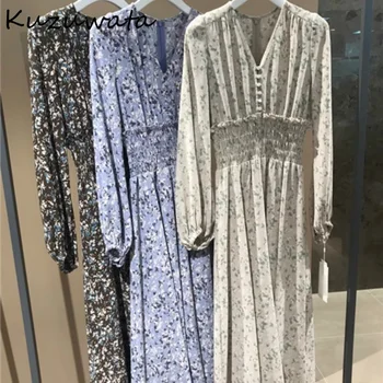 Kuzuwata Proaspete Chic Butonul Slim Fit Pentru Femei Dress V Gâtului Floare De Imprimare De Înaltă Talie Rochii Japonia Stil Nou Moda De Epocă Vestidos