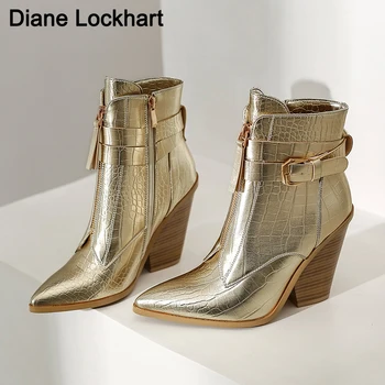 Gold Snake Print Glezna Cizme Pentru Femei Pană Tocuri inalte Cizme Femeie Pista de Design Tocuri Indesata Botas Mujer Western boot