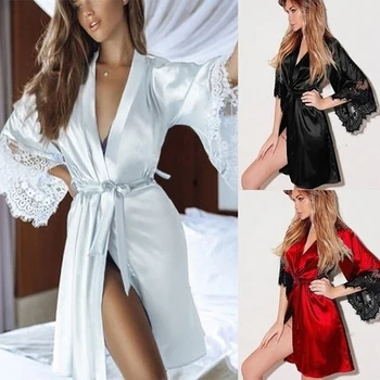 2020 Nou de Lenjerie Sexy de Vara Sexy Femei Femei Albe Mireasa Robe Kimono-Halat din Satin de Mătase, cu Dantelă Noapte Poarte Rochie Sleepwear