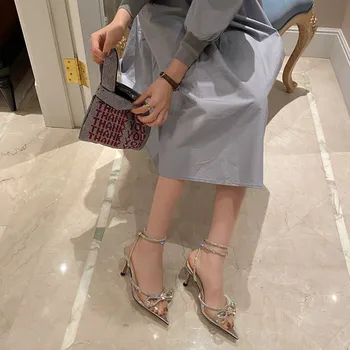 Femei de moda Transparent Sandale Subliniat Toe PVC Pompe Elegante Tocuri Subtiri de Mare Stras Curea Glezna cu Cataramă Închis Pantofi Rochie