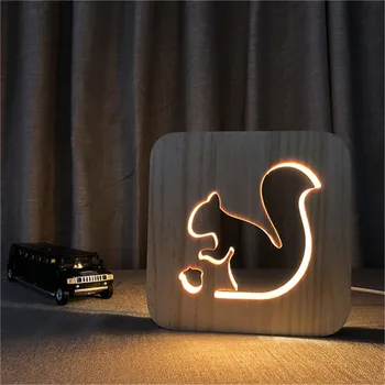 Alb cald 3D Veveriță din Lemn DIY Lumina de Noapte Minunata Petrecere Copil de Birou, Lampa de Masa LED-uri de Iluminat Cadou USB Decor Ziua de nastere Cadou Unic