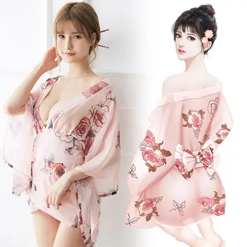 2019 Nou Fierbinte Stil Japonia Sex Femei Kimono 1 set Costume Exotice Sakura Muti culori Mujer Pijama O mărime Sexy Împușcat Halat NY0268