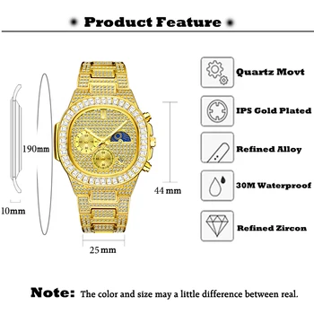 MISSFOX Om de ceasuri de lux de Aur Gheata Full Diamant Pătrat Ceasuri de mana disc Dublu Cronograf rezistent la apa Ceasuri Mens 2020 Nou
